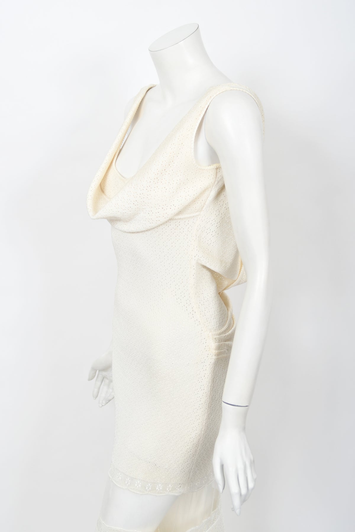 1998 John Galliano Documented Runway Ivory Stretch Knit Sheer Bias-Cut Backless Gown