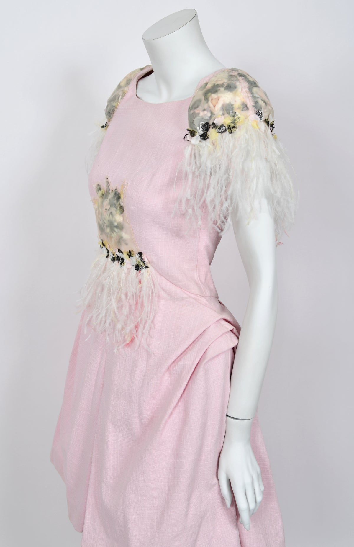 2013 Chanel by Karl Lagerfeld Runway Sample Pink Linen Floral Appliqué &amp; Feathers Dress