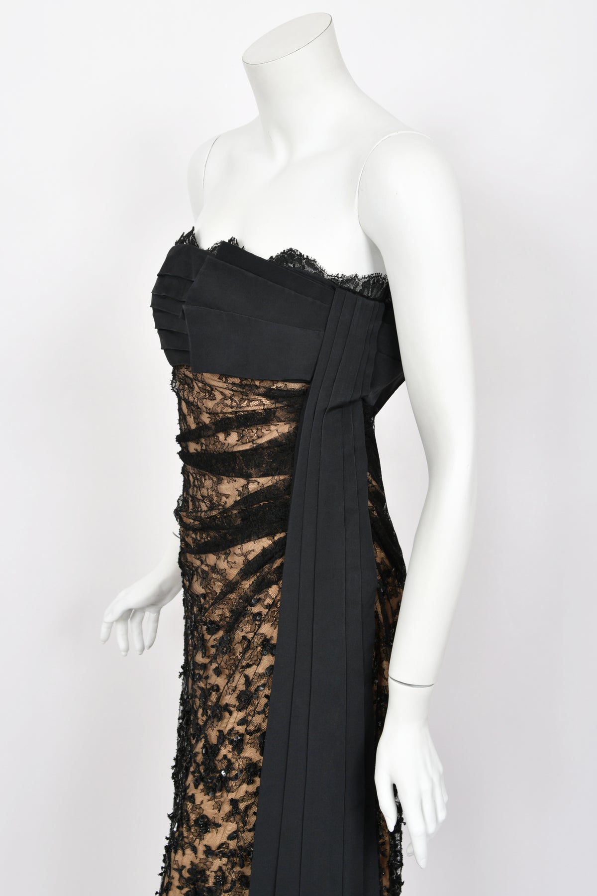 2009 Valentino Black Silk &amp; Beaded Sheer Illusion Lace Strapless Bustier Gown