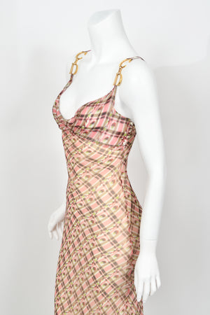 2000 Christian Dior by Galliano Pink Plaid Silk Logo Hardware Bias-Cut Dress