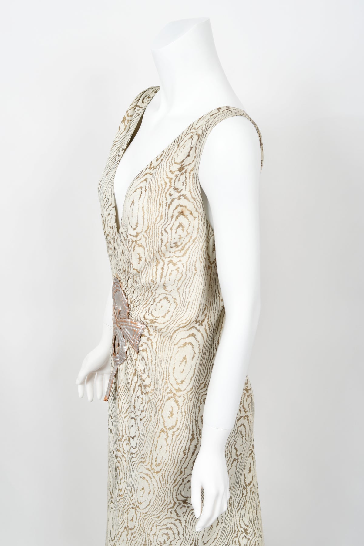 1930's Metallic Wood-Patterned Lamé Deco Appliqué Bias-Cut Trained Bridal Gown