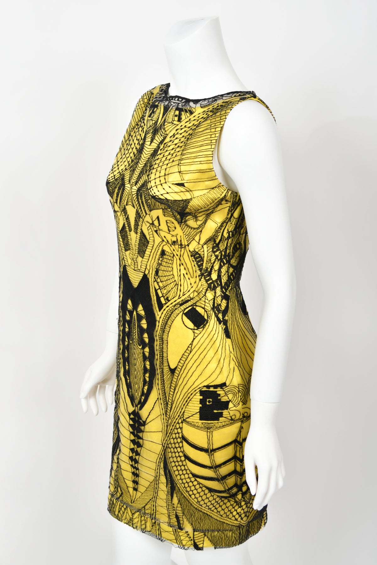 2010 Alexander McQueen Lifetime Insect Tattoo Embroidered Net-Lace Yellow Mini Dress