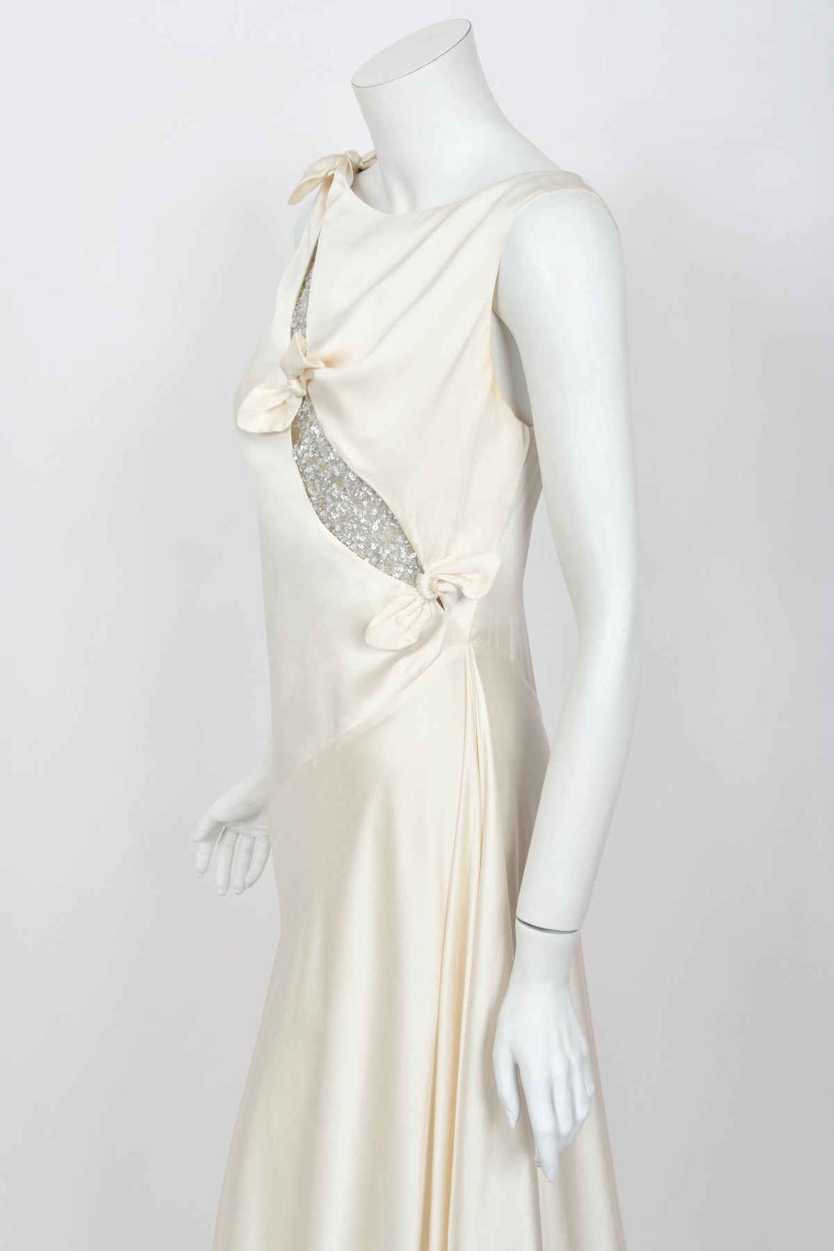 2002 Valentino Candlelight Silk Beaded Sequin Cut Out Ties Draped Bias-Cut Gown