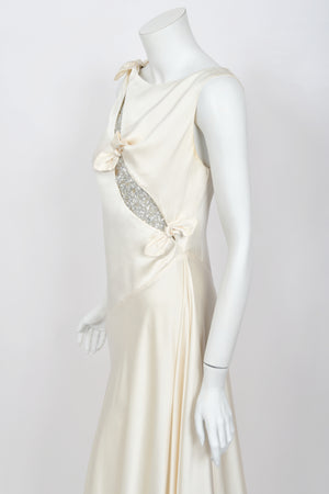 2002 Valentino Candlelight Silk Beaded Sequin Cut Out Ties Draped Bias-Cut Gown