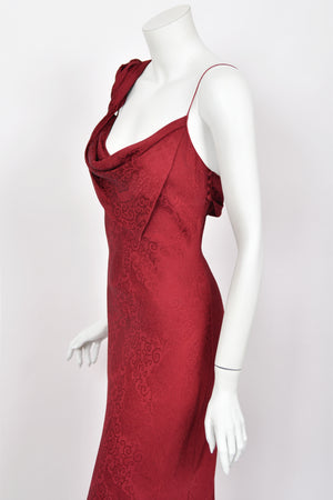 1999 John Galliano Maori Collection Merlot Red Silk Bias-Cut Gown w/ Fringed Shawl