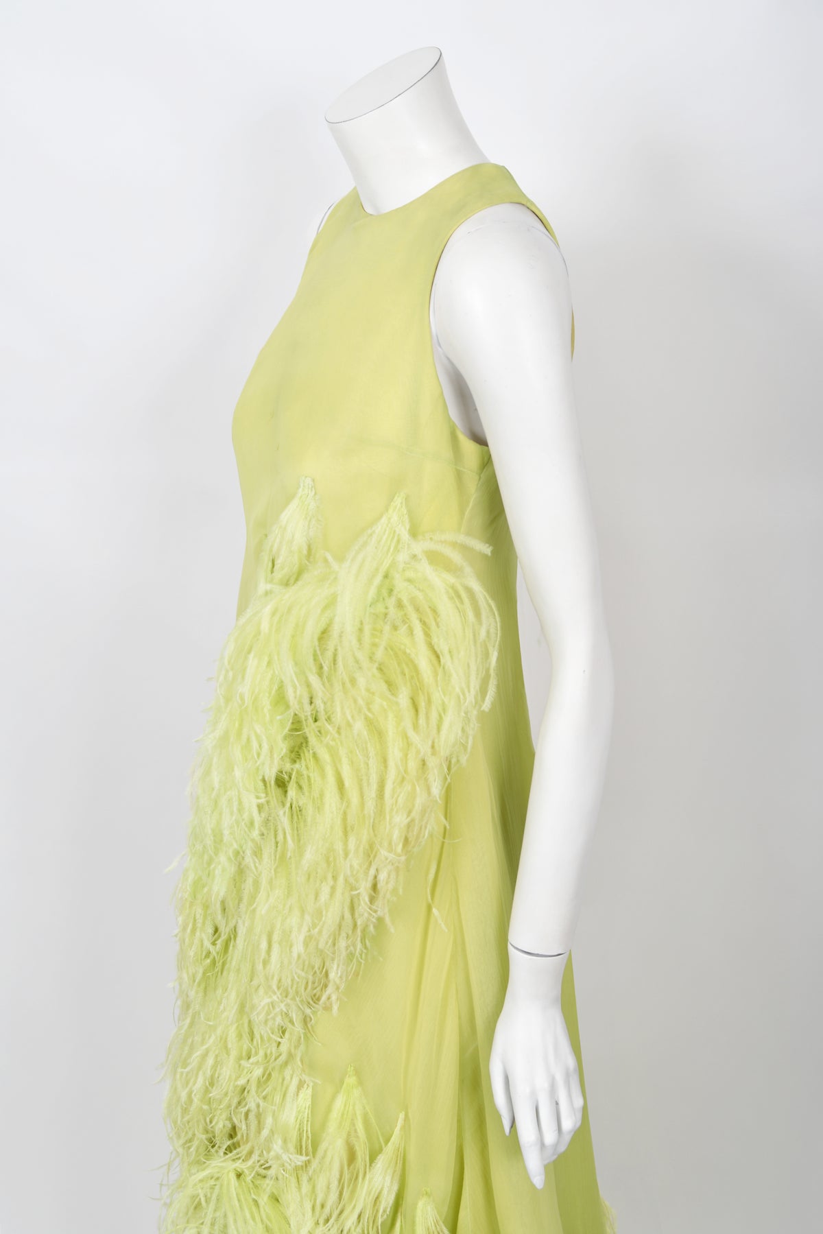 1968 Christian Dior Haute Couture Maria Felix Owned Chartreuse Silk Feather Gown