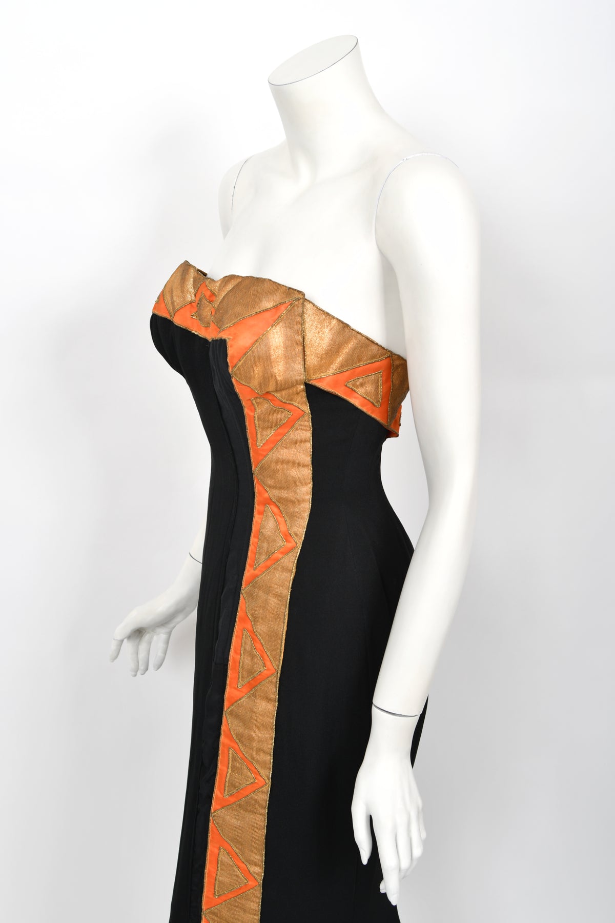1950&#39;s Yma Sumac Custom Couture Black &amp; Orange Silk Hourglass Gown Ensemble