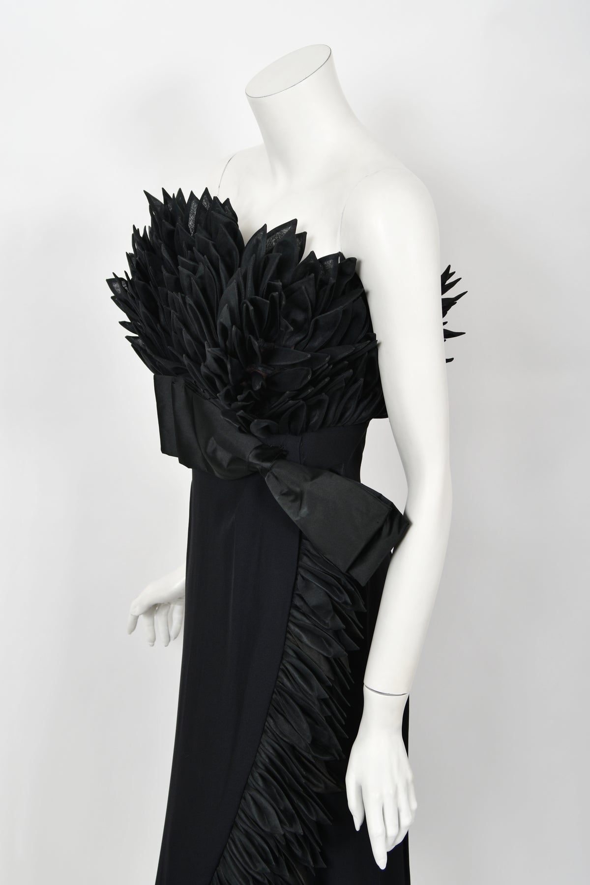 1959 Hall Ludlow Couture Museum-Held Black Silk Appliquéd Petals Hourglass Gown