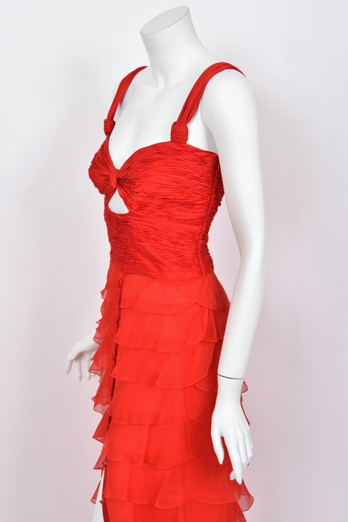 2005 Valentino Runway Iconic Red Ruched Silk Cut-Out Tiered Ruffle Gown