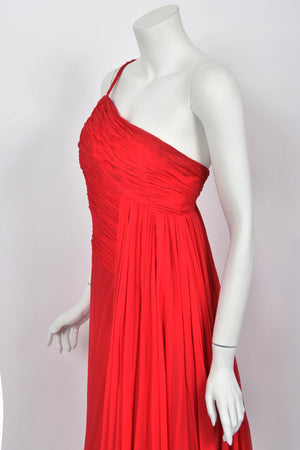 1960's Martha Weathered Couture Ruby-Red Pleated Silk Draped Goddess Gown