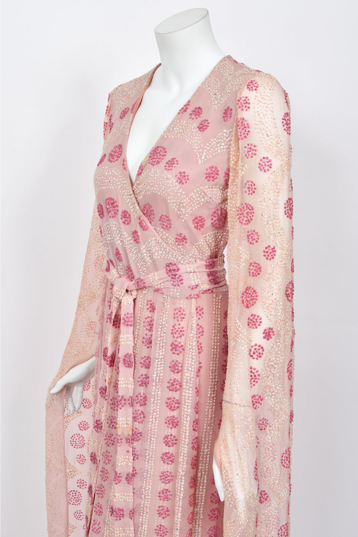 1974 Thea Porter Couture Sparkling Pink Glitter Silk Angel Sleeve Wrap Gown