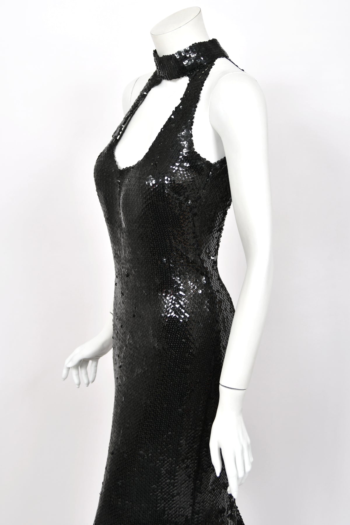 1973 Loris Azzaro Couture Black Fully Sequin Cut-Out Hourglass Mermaid Gown