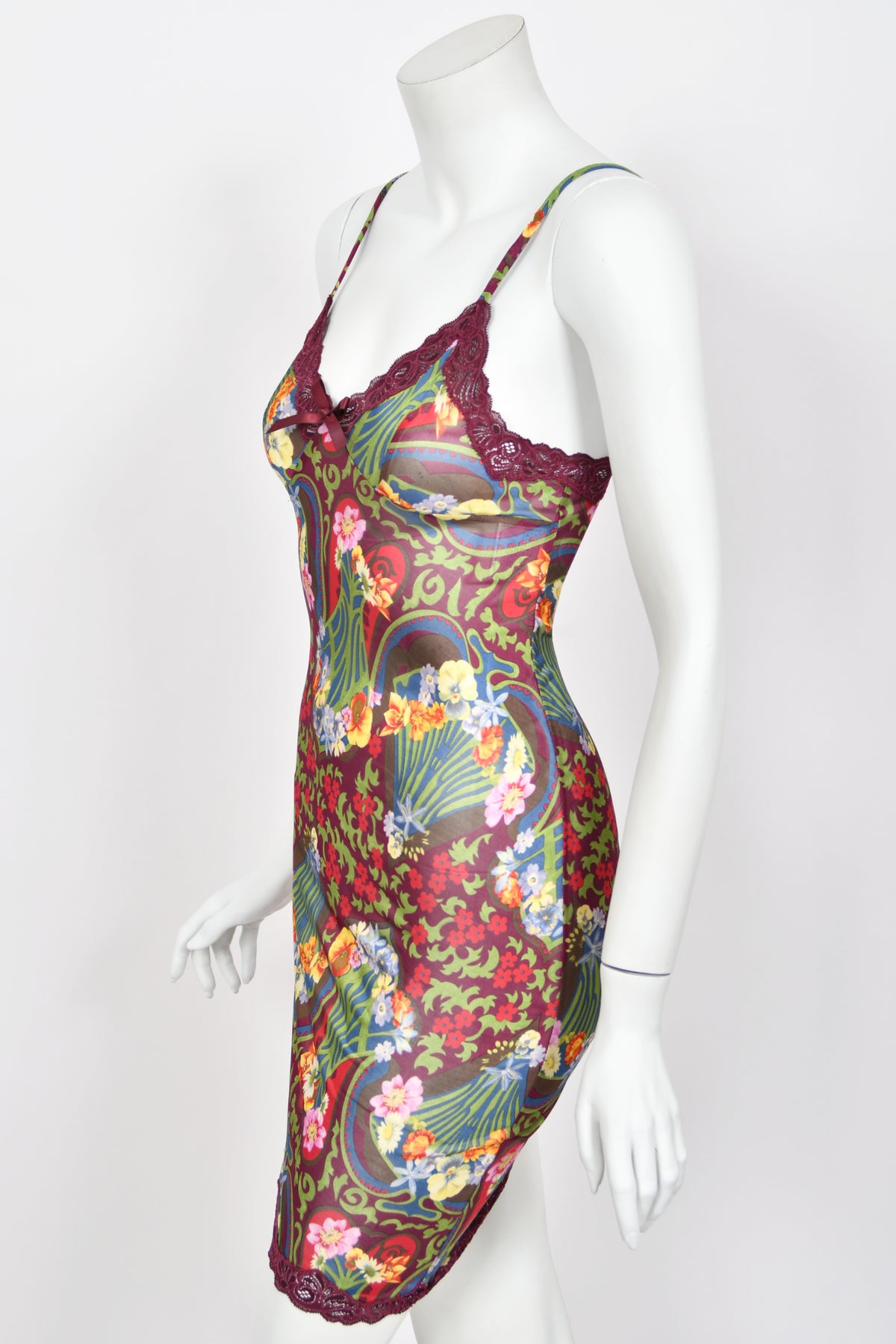 2005 Christian Dior by John Galliano Burgundy Floral Semi-Sheer Mini Slip Dress w/ Tags