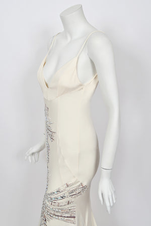 2002 Roberto Cavalli Runway Ivory Jeweled Stretch Silk Trained 'Cindy Crawford' Gown