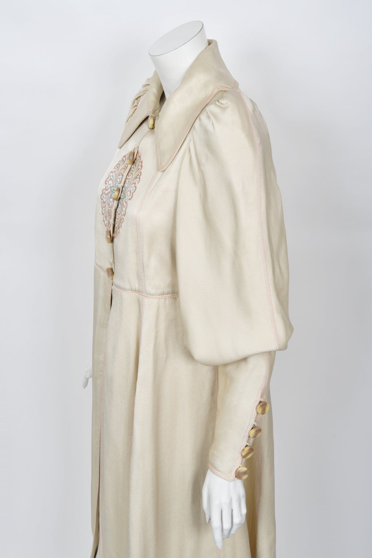 1973 Bill Gibb Couture Embroidered Ivory Satin Mutton-Sleeve Jacket &amp; Vest