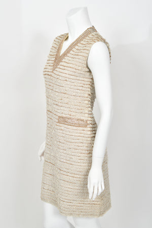 1965 Valentino Haute Couture Museum-Held Beaded Lamé Ivory Lace Mod Shift Dress