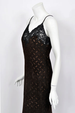 1999 Christian Dior by John Galliano Brown Suede & Sheer Lace Bias-Cut Slip Gown w/ Shawl