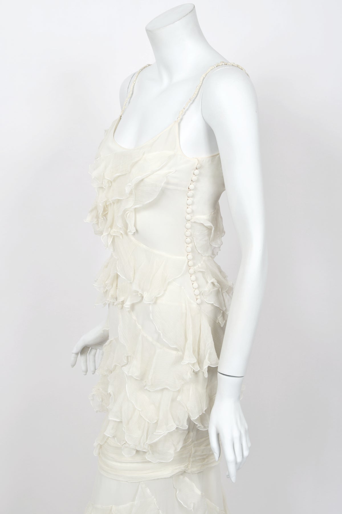 2006 John Galliano Ivory Tiered Ruffle Sheer Silk Chiffon Pearl Straps Bias-Cut Slip Gown