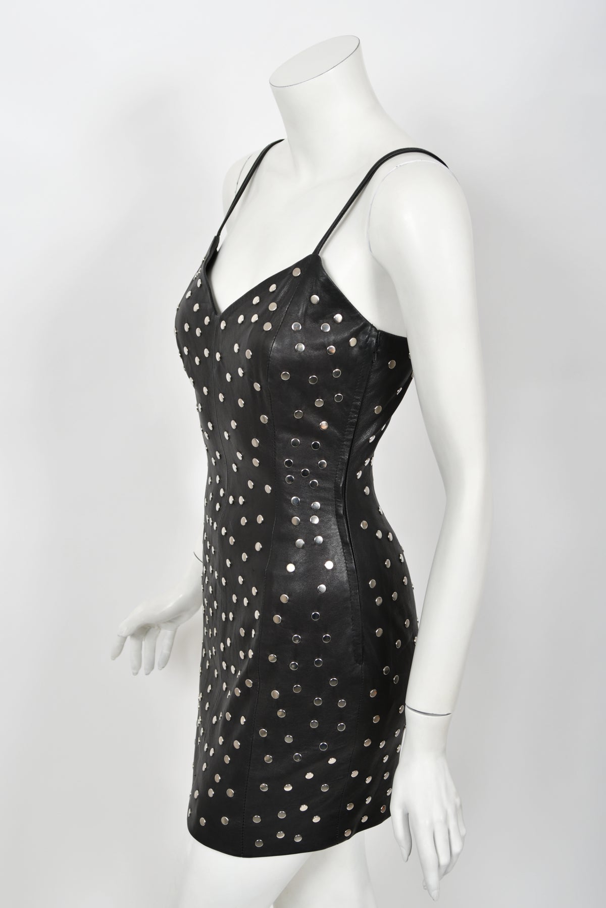 1991 Dolce & Gabbana Documented Runway Studded Black Leather Mini Dress