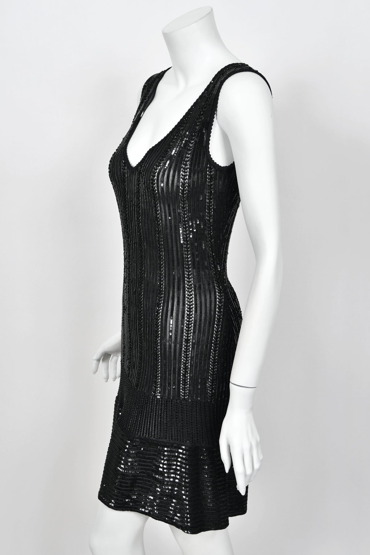1996 Azzedine Alaia Beaded Sequin Black Semi-Sheer Stretch Knit Flounced Mini Dress