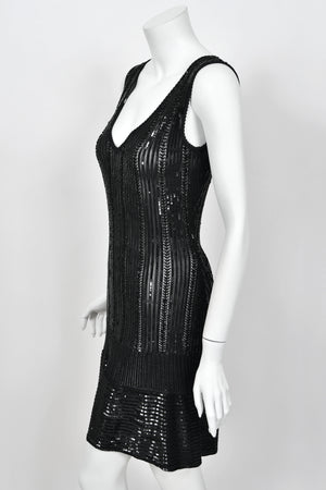 1996 Azzedine Alaia Beaded Sequin Black Semi-Sheer Stretch Knit Flounced Mini Dress