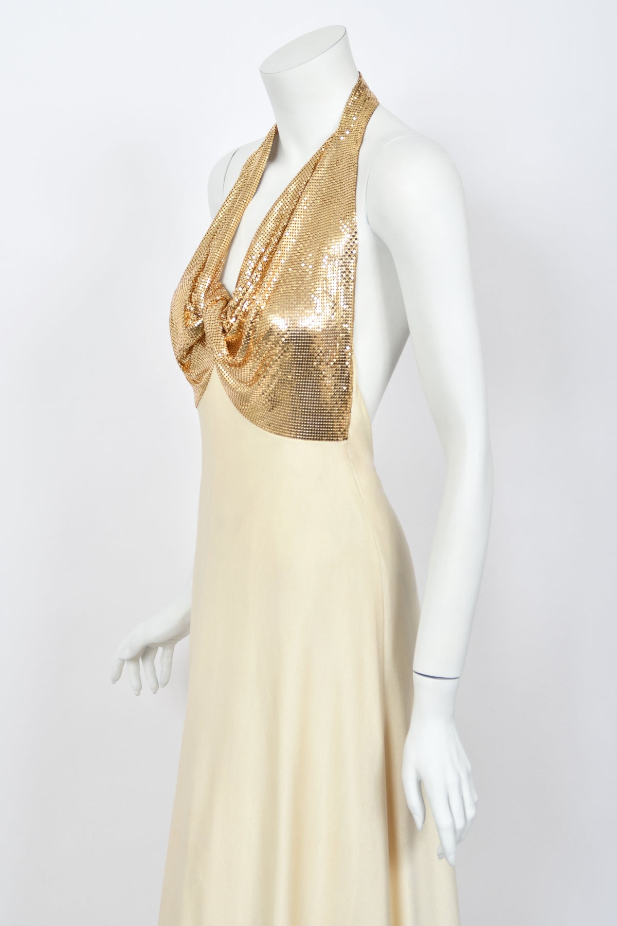 1972 Loris Azzaro Couture Ivory Silk-Jersey &amp; Gold Metal Mesh Backless Gown w/ Cape