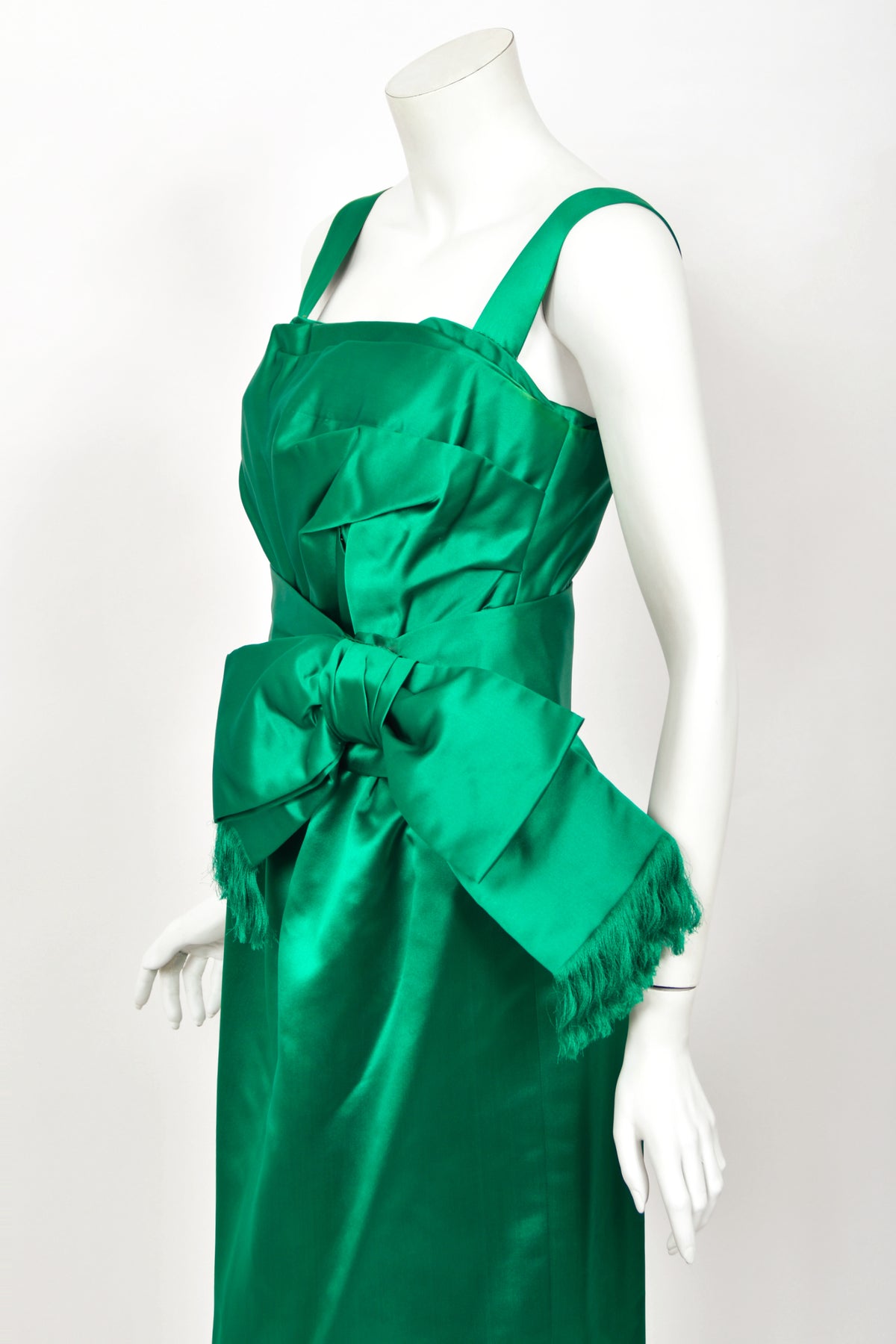 1958 Christian Dior by Yves Saint Laurent Emerald Green Satin Sash-Bow Cocktail Dress