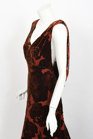 1999 Galindo Couture Metallic Amber Devoré Velvet Bias-Cut Trained Gown