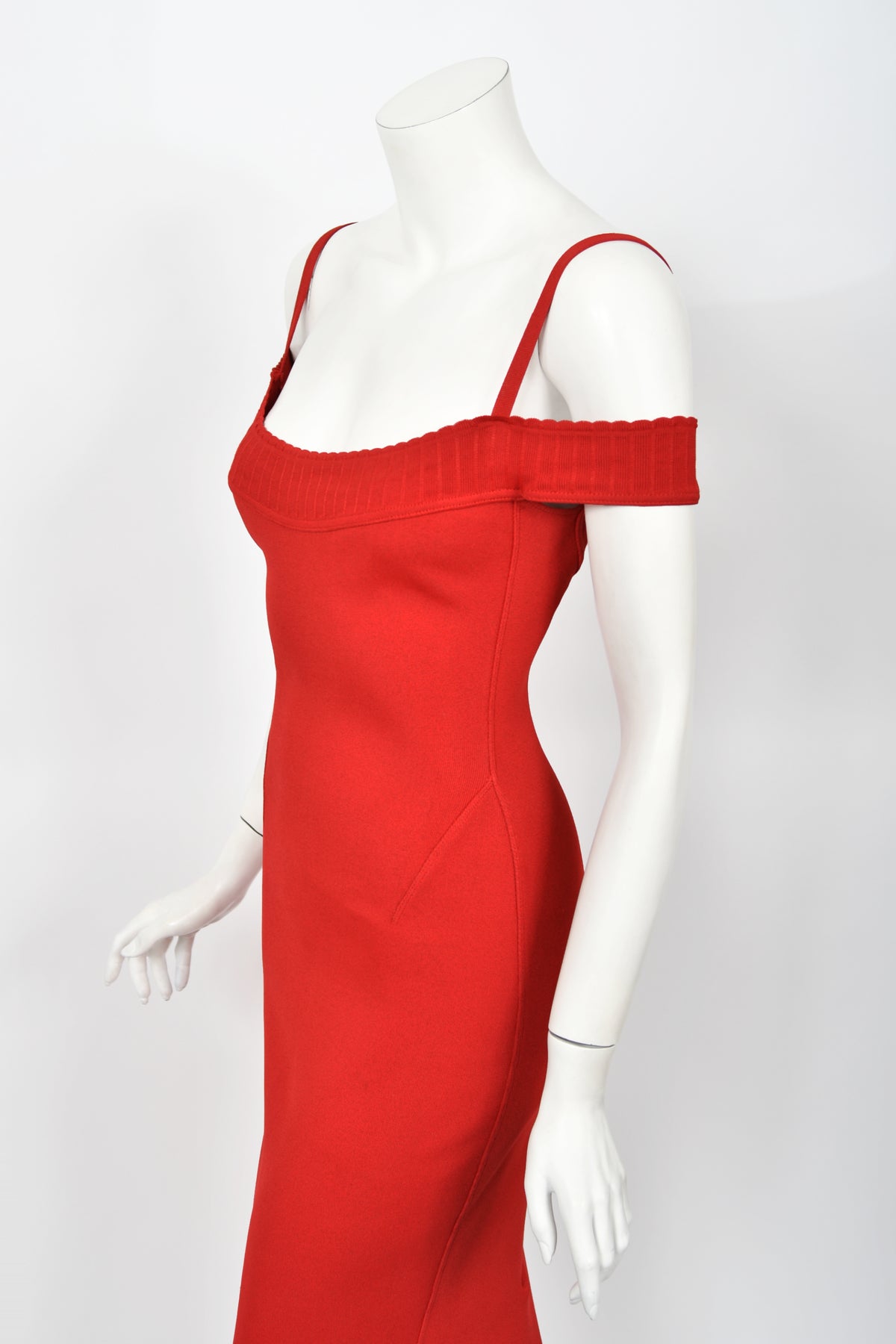 1992 Azzedine Alaia Documented Red Stretch Knit Cold-Shoulder Bodycon Maxi Dress
