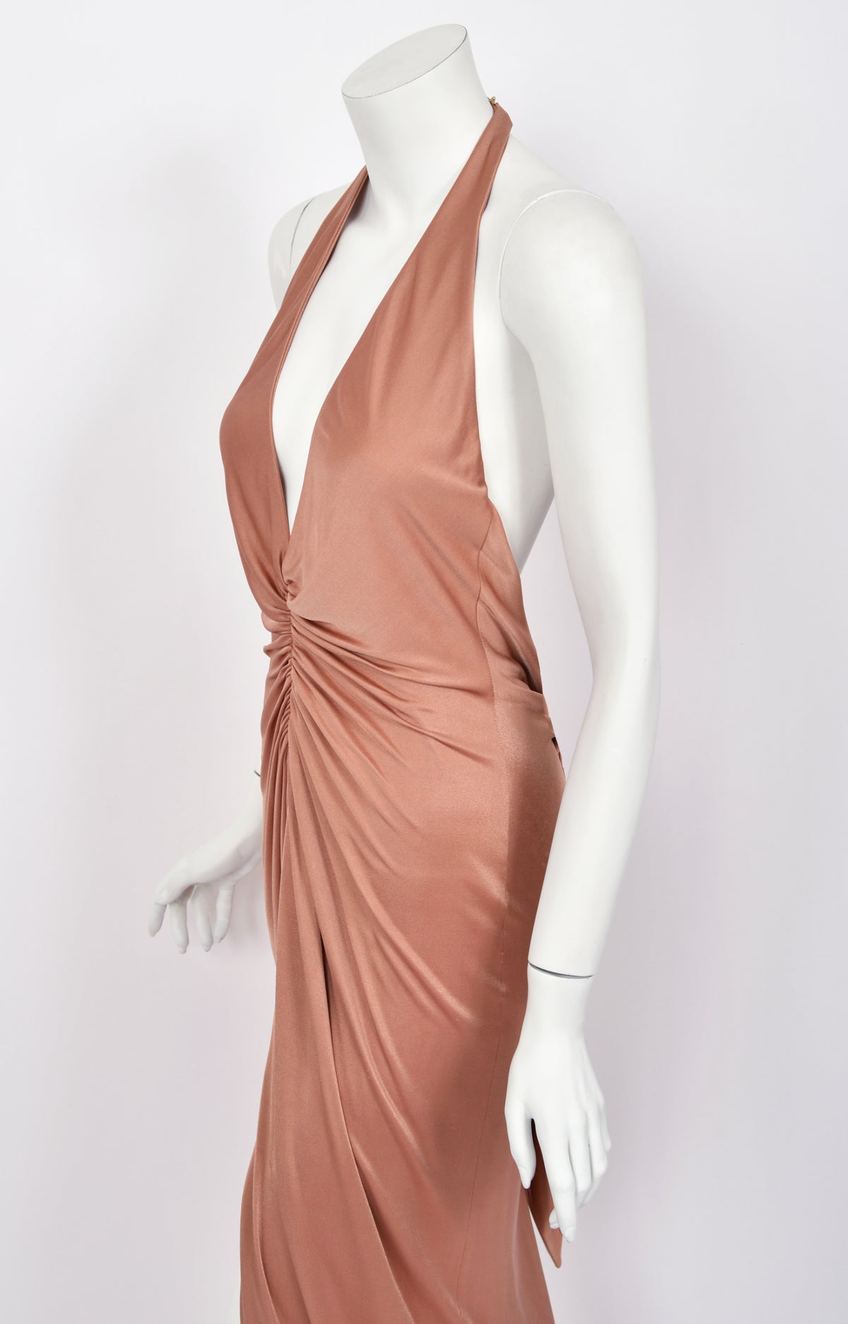 2005 Versace Nude Silk-Jersey Low Plunge Halter Backless Gown