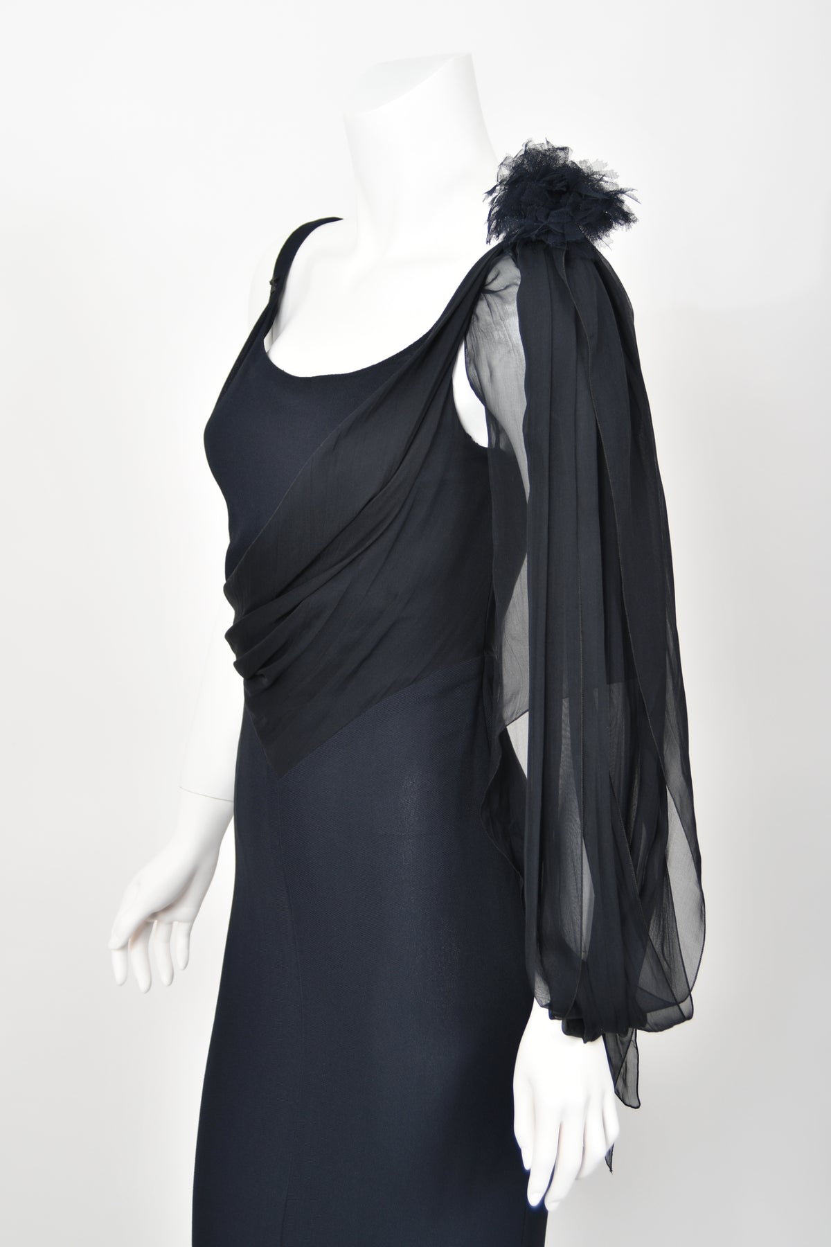 2002 Chanel Cruise Collection Midnight Blue Silk Chiffon Draped Bias-Cut Gown