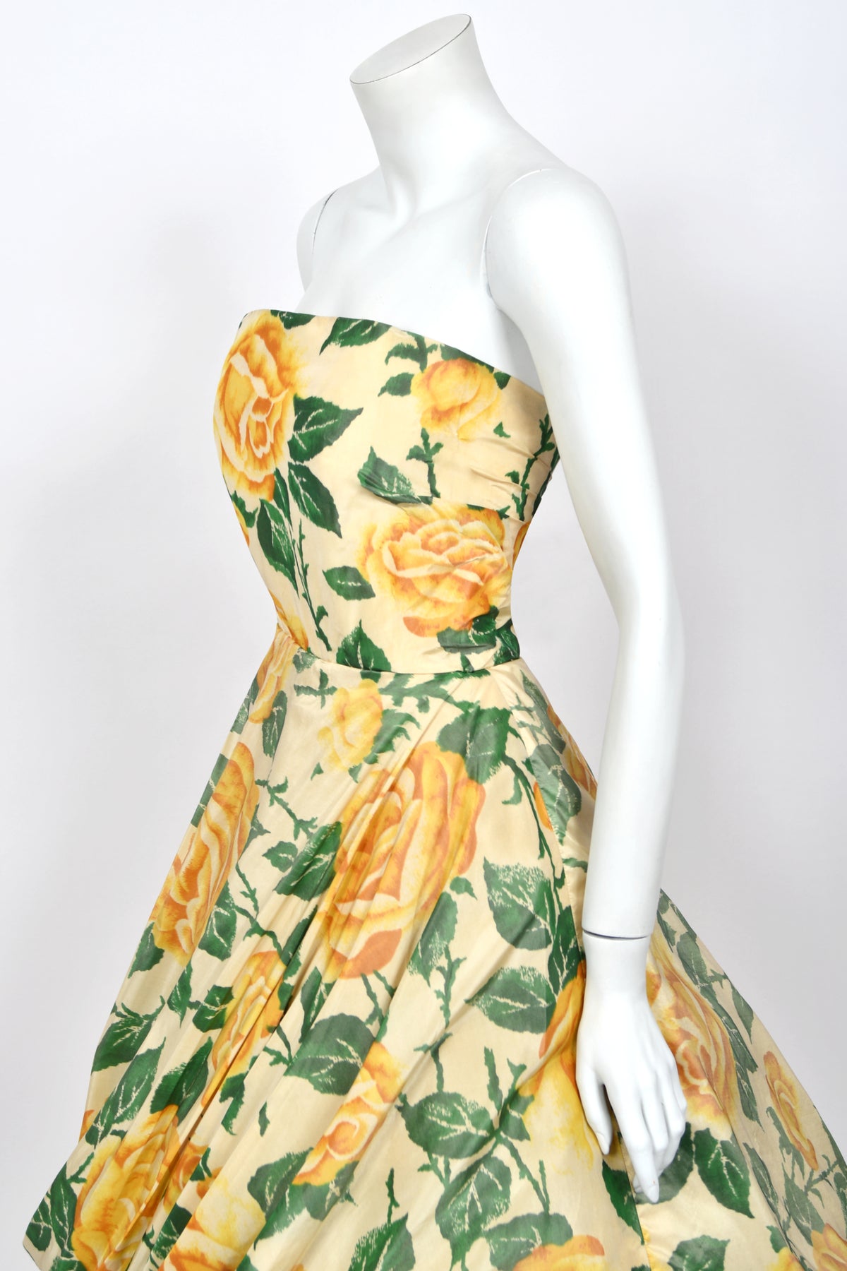 1950's Philip Hulitar Couture Yellow Roses Watercolor Silk Strapless Sculpted Party Dress