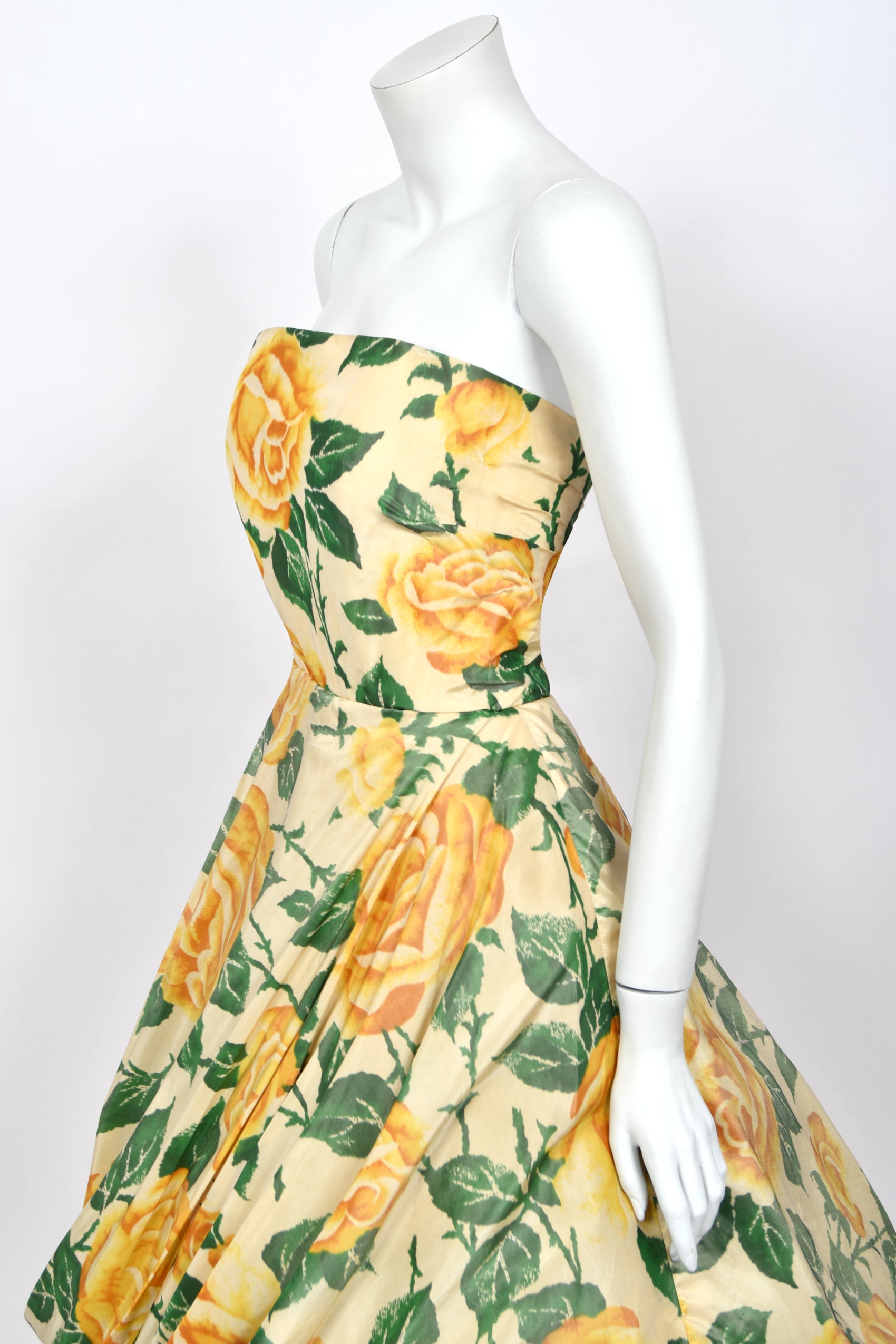 1950's Philip Hulitar Couture Yellow Roses Silk Strapless Party Dress - Timeless Vixen 1950's Philip Hulitar Couture Yellow Roses Silk Strapless Party Dress - Timeless Vixen