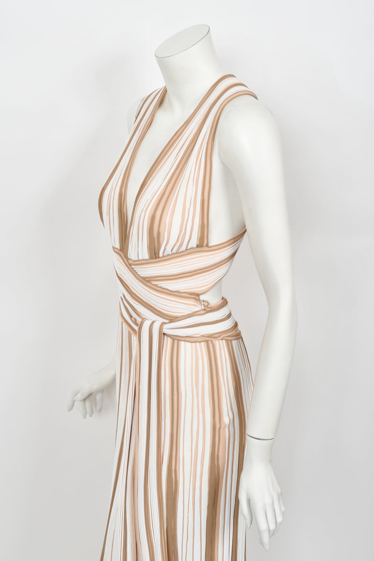 2002 Christian Dior by John Galliano Striped Stretch Knit Low-Plunge Gown