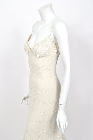 2004 Randi Rahm Couture Embroidered Metallic Ivory Lace Appliqué Trained Slip Gown