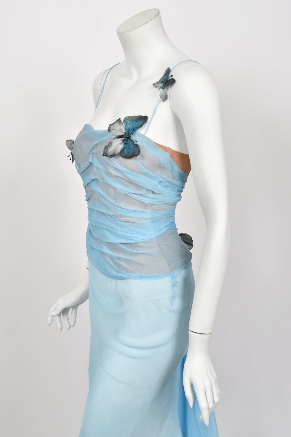 1998 Dolce &amp; Gabbana &#39;Stromboli Collection&#39; Hand-Painted Butterflies Blue Silk Corset Gown