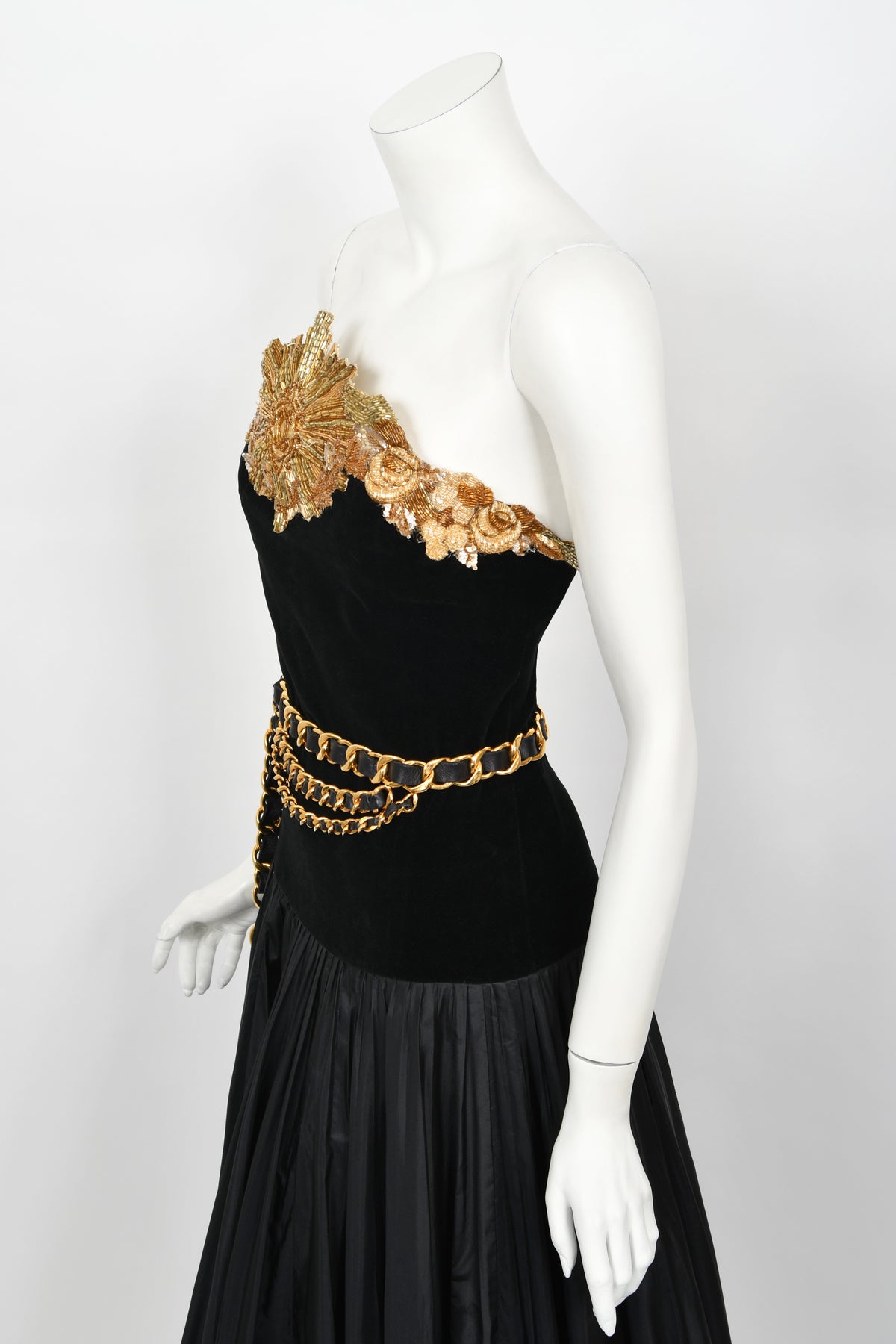 1985 Chanel Documented Runway Metallic Beaded Gold Lamé &amp; Black Silk Strapless Gown