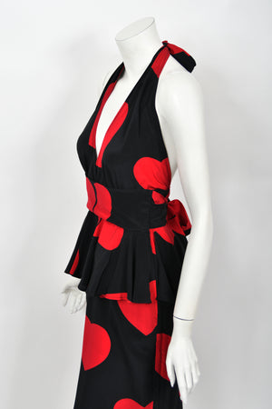 1994 Moschino Couture Documented 'Heartbreaker' Novelty Print Silk Convertible Dress
