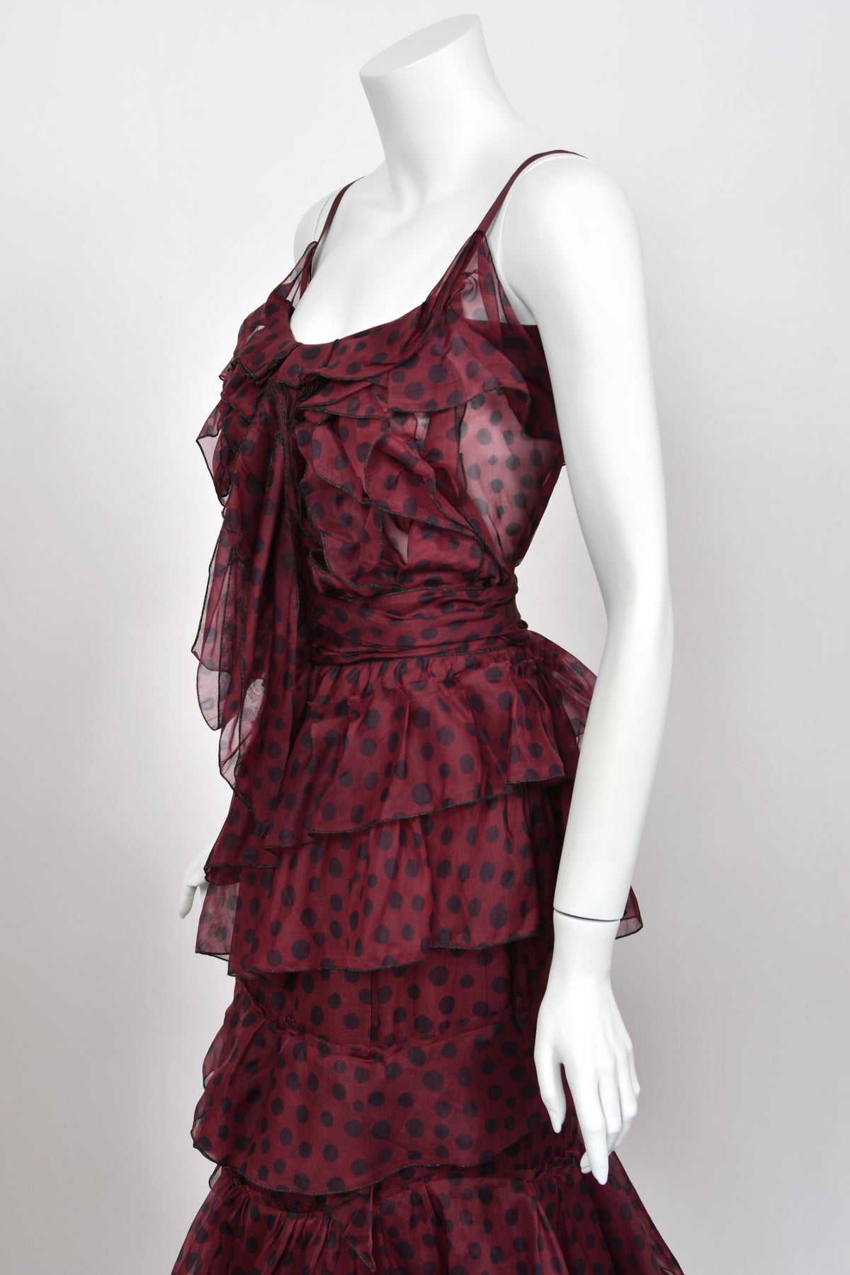 2011 Nina Ricci Editorial Burgundy & Black Polka-Dot Silk Tiered Ruffle Trained Gown w/ Tags