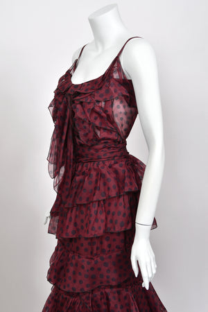 2011 Nina Ricci Editorial Burgundy & Black Polka-Dot Silk Tiered Ruffle Trained Gown w/ Tags