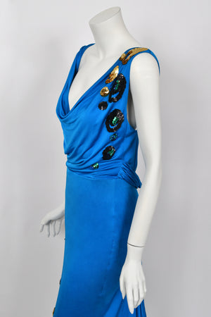 2007 John Galliano Ocean Blue Sequin Viscose Draped Backless Hourglass Gown