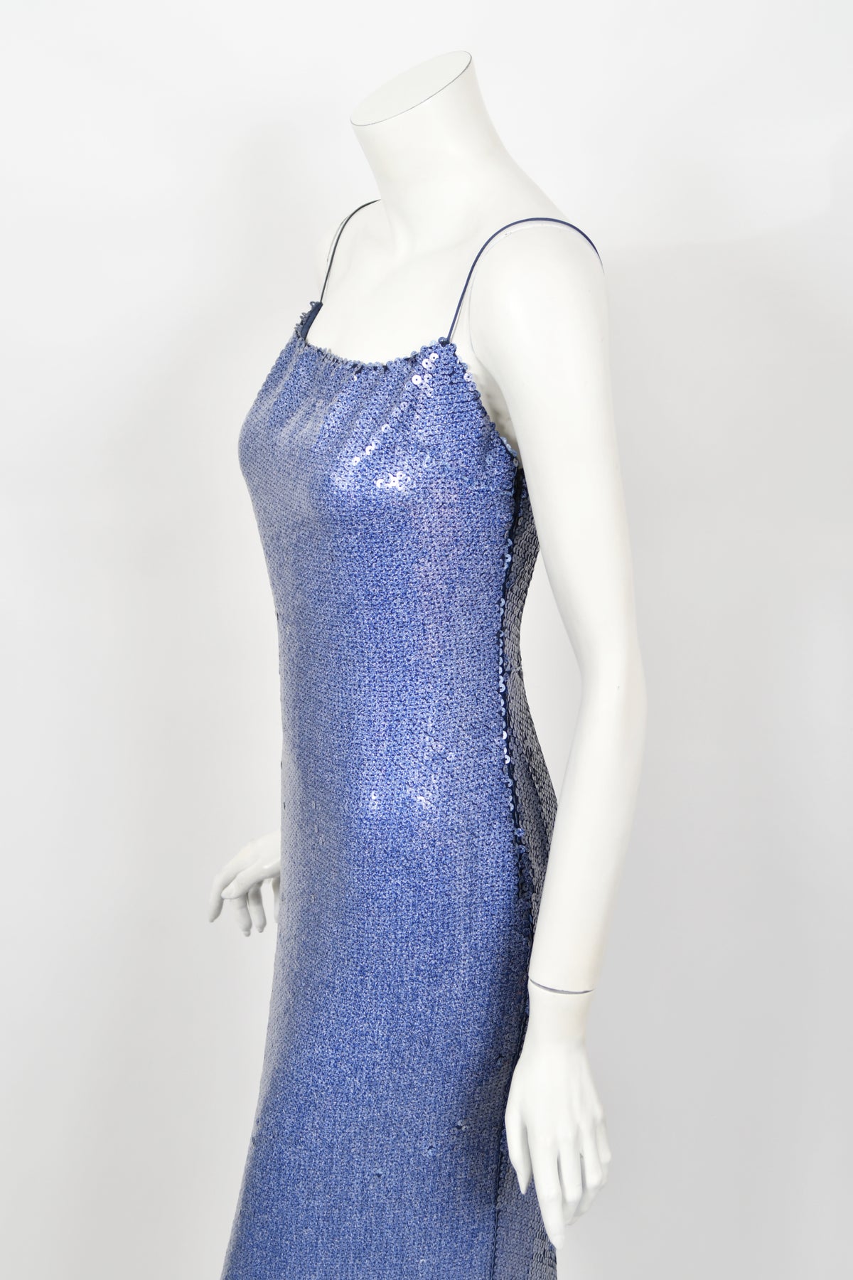 2000 Christian Dior by John Galliano Fully Sequin Ocean Blue Bias-Cut Slip Gown