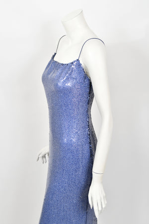 2000 Christian Dior by John Galliano Fully Sequin Ocean Blue Bias-Cut Slip Gown