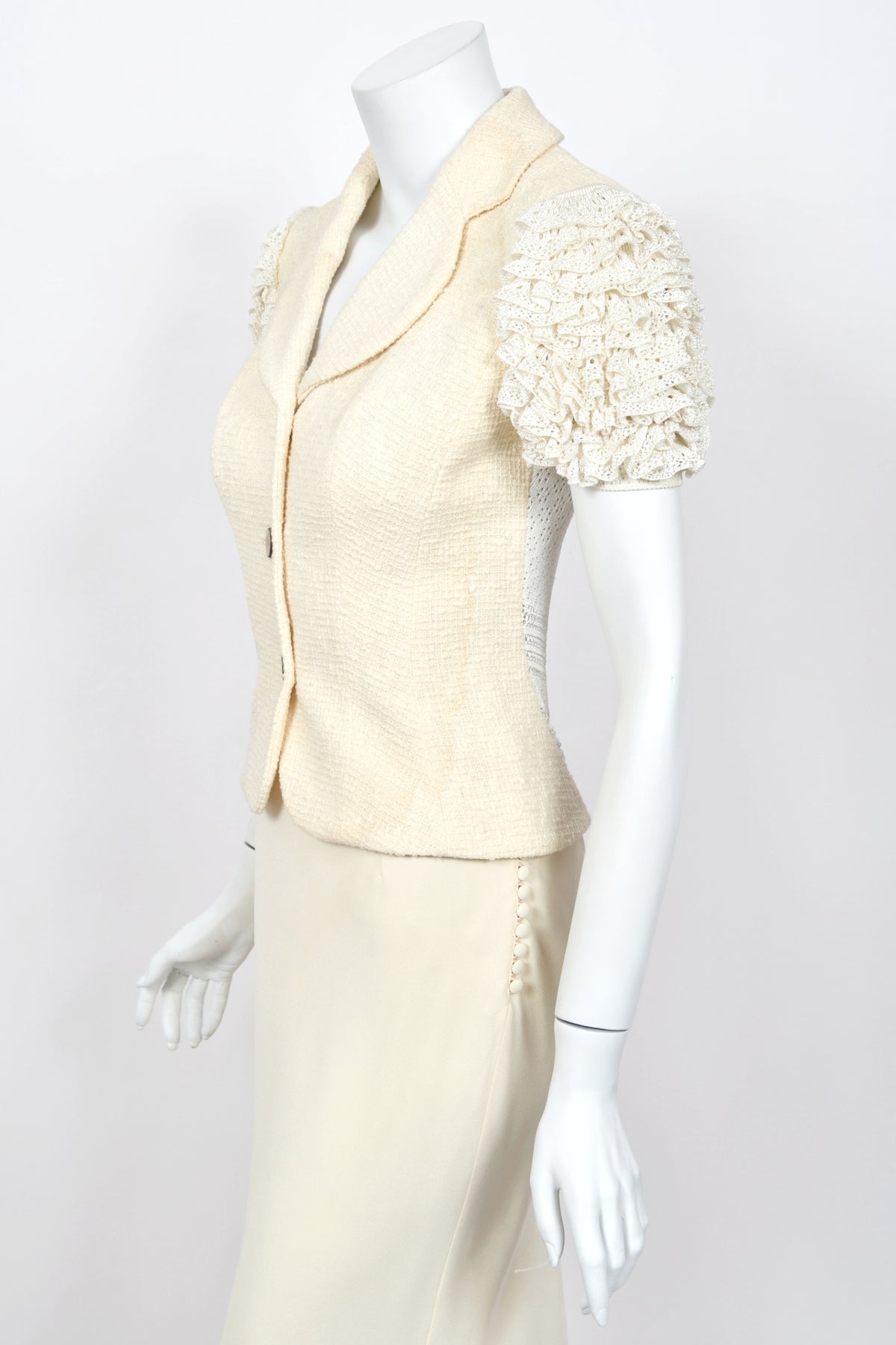 1998 John Galliano ‘Haute Bohème’ Collection Ivory Knit Ruffle Sleeve Jacket &amp; Bias-Cut Skirt Set w/Tags