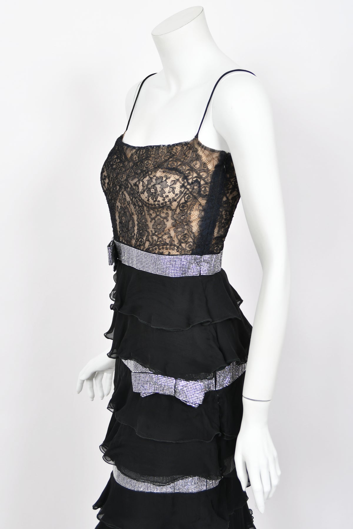 2007 Valentino Runway Black Sheer Silk &amp; Lace Illusion Crystal-Bows Tiered Gown