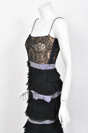 2007 Valentino Runway Black Sheer Silk & Lace Illusion Crystal-Bows Tiered Gown