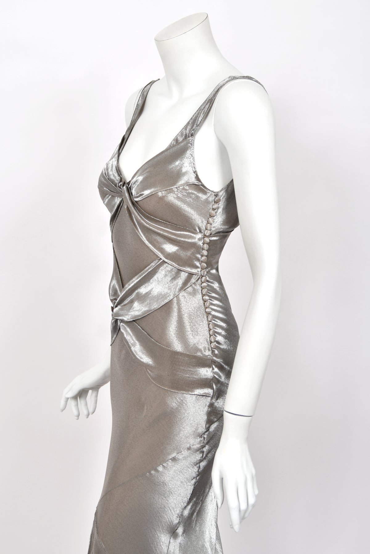 2004 Christian Dior by John Galliano Rare Sample Metallic Silk Lamé Bias-Cut High Slit Gown