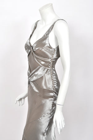 2004 Christian Dior by John Galliano Rare Sample Metallic Silk Lamé Bias-Cut High Slit Gown