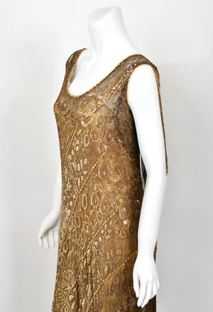 1920's Metallic Gold Lamé Lace Flapper Fringe Margot Robbie Film-Worn Dress