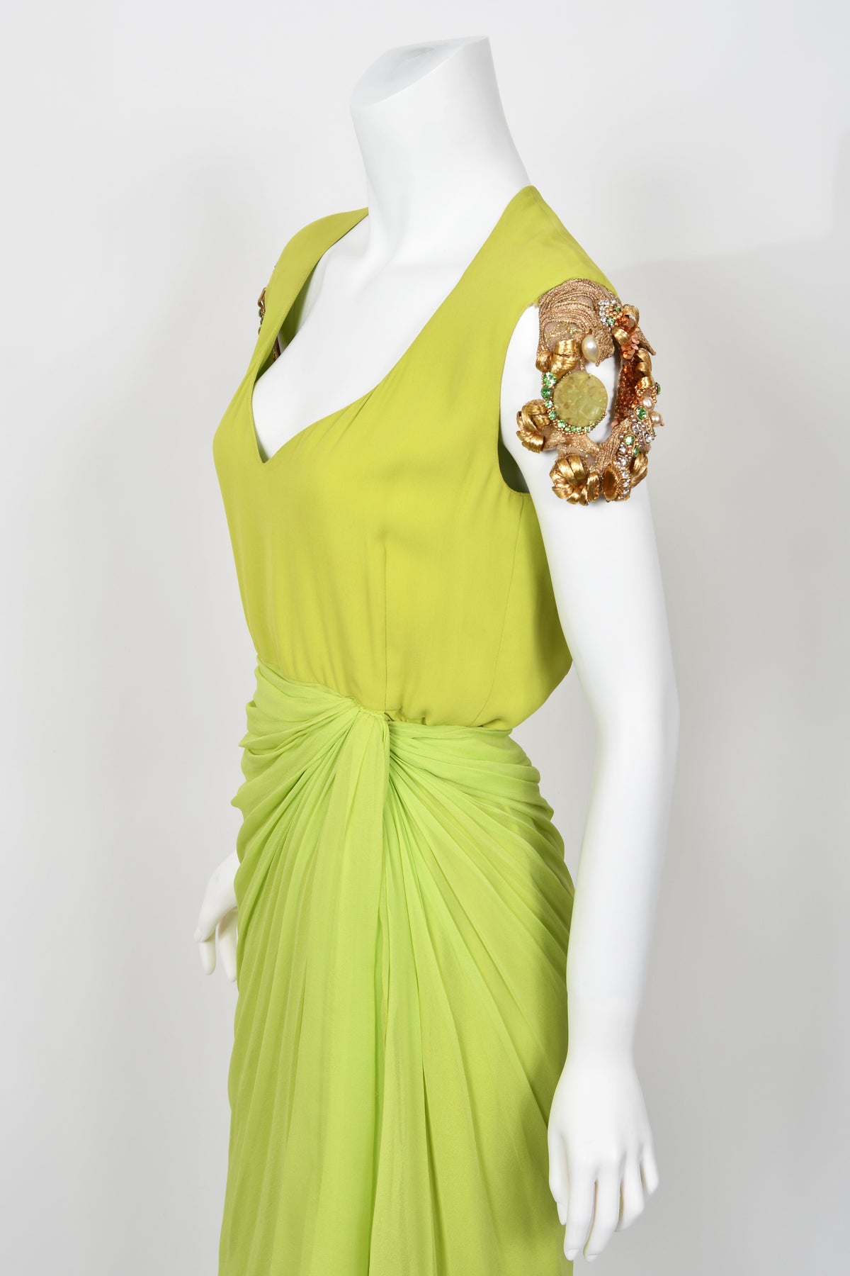 1991 Christian Dior by Gianfranco Ferré Chartreuse Silk Metallic Beaded Draped Dress